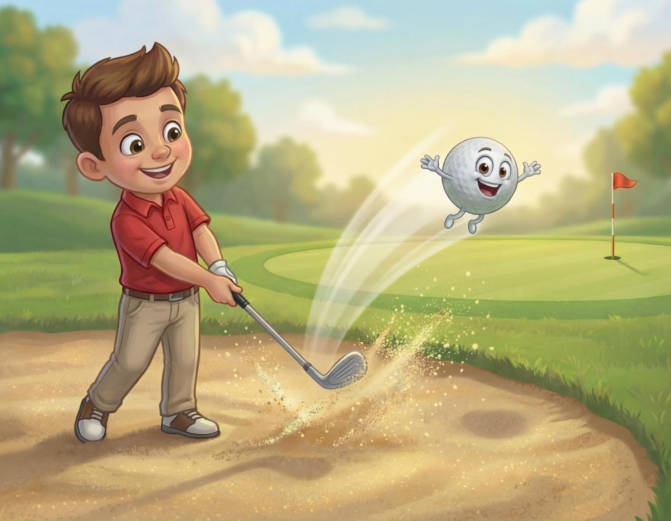 A young golfer chips Ace up and out of the bunker